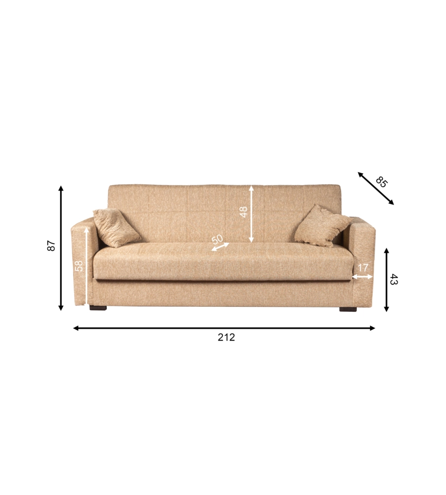 Divano letto "nora" 3 posti tessuto beige, 212x80x87 cm